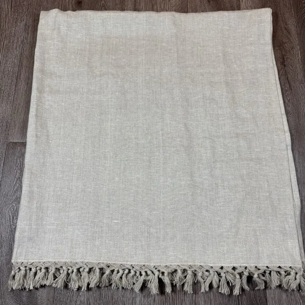 Pottery Barn Tablecloth Fringe 100% Linen 50 inch Beige Square